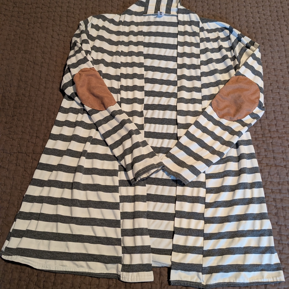 Striped Gray and White Cardigan with Tan Elbow Patches-no Size Tag-see Pics